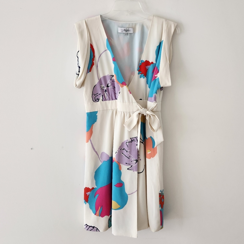 Tibi Abstract Floral Silk Mini Wrap Dress Cream White 4 - Picture 11 of 11